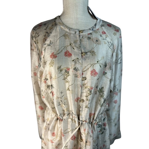 J Jill Linen Blend Sheer Floral Jacket Tunic Top M Barley Long Sleeve w/ Pockets - Picture 5 of 11